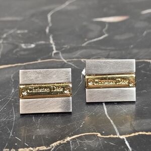 Rare Christian Dior Vtg Two-Tone Silver & Gold Plaque Signature Logo Cufflin
